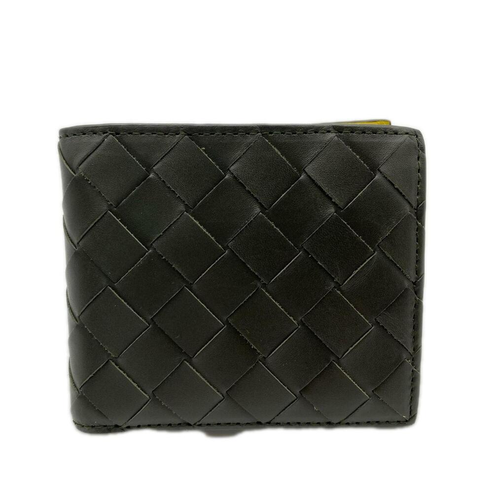 BOTTEGA VENETA Intrecciato Bi-fold Compact Wallet 749412 Khaki Yellow Calf Le...